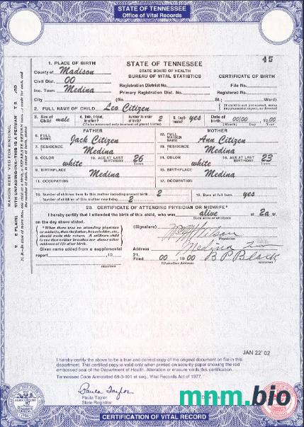 USA Tennessee state narodziny certyfikat szablon w formacie PSD